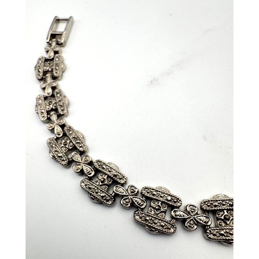 Vintage Art Deco Bracelet Style Marcasite Link Clover Flower Silver Tone